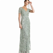 Maya Deluxe Damen Maxi Women's Embellished Sequin Long Short Sleeve V Neck High Empire Waist Cut Shiny Prom We Bridesmaid Dress, Grün, 42 EU