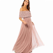 Maya Deluxe Damen Maya Deluxe Abendkleid Damen Brautjungfernkleid Bardot Paillettenverzierung Abendkleid Elegant für Hochzeit Tüllkleid Bridesmaid Dress, Pale Mauve, 46 EU