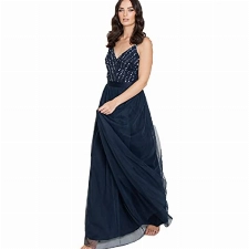 Maya Deluxe Damen Maya Deluxe Women's Maxi Dress Long Wedding Guest Bridesmaid Ball V Neck Wide Straps Brautjungfernkleid, Navy, 46 EU