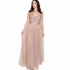Maya Deluxe Damen Maya Deluxe Women's Maxi Dress Long Wedding Guest Bridesmaid Ball V Neck Wide Straps Brautjungfernkleid, Taupe Blush, 48 EU
