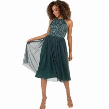 Maya Deluxe Damen Maya Deluxe Women's Midi Dress With Halter Neck Tulle for Evening Graduation Prom Wedding Bridesmaid Brautjungfernkleid, Emerald Green, 42 EU