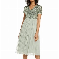 Maya Deluxe Damen Midi-Kleid mit V-Ausschnitt, Verziert Brautjungfernkleid, Grüne Lilie, 36