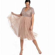 Maya Deluxe Damen Midi-Kleid mit V-Ausschnitt, Verziert Brautjungfernkleid, Taupe Blush, 52