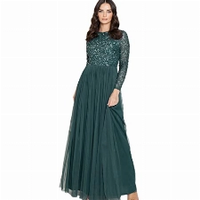 Maya Deluxe Damen Women's for Wedding Guest Plus Size Large Rich High Waist Sequins Long Sleeve Prom Evening Bridesmaid Dress, Emerald, 44 EU