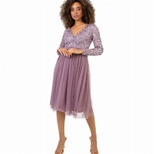 Maya Deluxe Damen Womens Ladies Wedding Guest Midi Dress Long Sleeve Plunging Neckline V Neck Sequin Embellished Graduation Brautjungfernkleid, Moody Lilac, 16