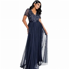 Maya Deluxe Damen Women's Maxi Ladies V-neck Plus Size Ball Gown Short Sleeves Long Elegant Empire Wa Bridesmaid Dress, Navy, 42 EU