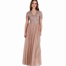 Maya Deluxe Damen Women's Maxi Ladies V-neck Plus Size Ball Gown Short Sleeves Long Elegant Empire Wa Bridesmaid Dress, Taupe Blush, 48 EU
