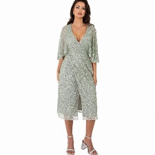 Maya Deluxe Damen Womens Midi Dress Ladies Sequin Embellished Cape Sleeve Wrap Dress for Wedding Guest Bridesmaid Cocktail Prom Evening Kleid, Green Lily,