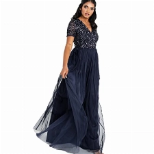 Maya Deluxe Damen Women's Prom Evening V-neck Maxi Length Sequins Short Sleeves for Wedding Birthday Bridesmaid Dress, Navy, 48 EU