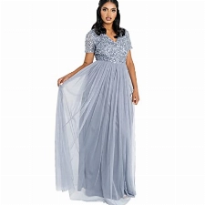 Maya Deluxe Damen Women's Prom Evening V-neck Maxi Length Sequins Short Sleeves for Wedding Birthday Bridesmaid Dress, Blau, 52 EU