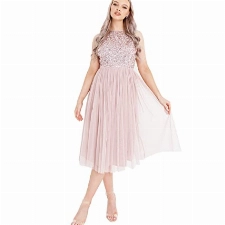 Maya Deluxe Women's Damen Womens Ladies Midi Dress with Halter Neck Tulle for Evening Graduation Prom Wedding Bridesmaids Ball Gown Brautjungfernkleid, Frosted Pink, 48