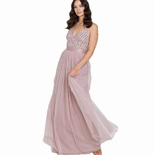 Maya Deluxe Women's Maxi Abendkleid Elegant für Hochzeit mit V-Ausschnitt Tüllkleid Damen mit Schleife Brautjungfernkleid, Frosted Pink, 44