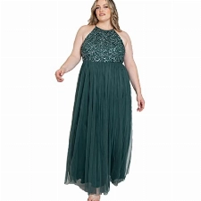 Maya Deluxe Women's Pailletten Cocktailkleid Damen Tüllkleid Kleid Nackenband Abendkleid Elegant für Hochzeit Brautjungfernkleid Bridesmaid Dress, Emerald Green, 42