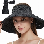 Maylisacc Strohhut Damen, Faltbar Strohhut UV Schutz 50 Sonnenhut Elegant Sommerhut Breite Krempe Visor Cap-Einstellbar, 55-59cm, Schwarz