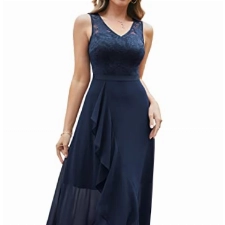 Meetjen Damen Elegant Abendkleider Hochzeit Chiffon Spitzenkleid V-Ausschnitt Ballkleider Lang A-Linie Brautjunferkleid Marineblau XL
