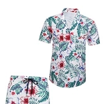 Meilicloth Hawaii Hemd Männer Hawaiihemd Herren Set Flamingo Blumenmuster Floral Kurzarm Sommer Shorts Herren Kurze Hose Herren Weiß - Flamingo L