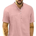 Meilicloth Herren Baumwolle Leinenhemd Herren Hemd Kurzarm Henley Sommerhemd Regular Fit Freizeithemd Casual mit Taschen Rosa L