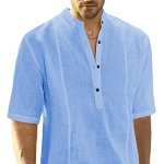 Meilicloth Herren Baumwolle Leinenhemd Herren Hemd Kurzarm Henley Sommerhemd Regular Fit Freizeithemd Casual mit Taschen Blau S