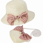 MengH-SHOP Strohhut und Mini Tasche Set Mädchen Sommer Sonnenhut mit Schleife Dekoration Sommerhut Strandhut für Reisen Outdoor Aktivitäten (Milchweiß)