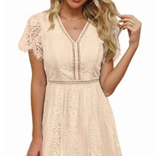 MEROKEETY Damen V-Ausschnitt Blumen Spitze Hochzeit Kleid Kurzarm Cocktail Party Kleid, aprikose, Mittel