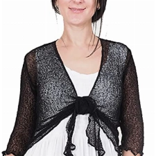 Mimosa Damen Crochet Strecken Fisch-Netz Boleroshrug Mutterschaft Krawatte an der Taille Cardigan (Eine Größe passt DE 34-48, Black)