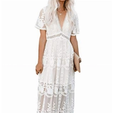 Minetom Chiffon Langes Kleid Damen Floral Spitzenkleid V-Ausschnitt Kurzarm Strandkleid Elegant Boho Maxikleid Party Hochzeit Abendkleid Cocktailkleid D Weiß XL