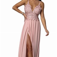 Minetom Cocktailkleider Damen Elegant Spitzenkleid Hochzeitskleid Festliches Kleid Lang Abend Party Ballkleid Brautjungfer V-Ausschnitt Split Maxikleid B Rosa XS