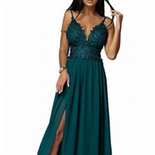 Minetom Cocktailkleider Damen Elegant Spitzenkleid Hochzeitskleid Festliches Kleid Lang Abend Party Ballkleid Brautjungfer V-Ausschnitt Split Maxikleid B Grün L