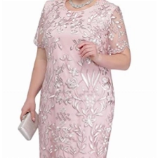 Minetom Damen Übergröße Spitze Kleid 3/4 Ärmel Loose Abend Cocktailkleid Knielang Retro Party Abendkleider Rockabilly Kleid Spitzenkleid A Rosa XXL