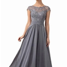 Minetom Damen Abendkleid A-Linie Spitze Kurze Ärmel Partykleid Lang Ballkleid 3/4 Ärmel Chiffon Spitzenkleid Brautjungfer Maxi Dress Brautjungfernkleider B Grau L