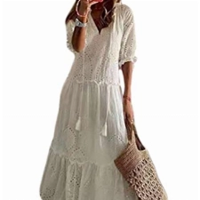 Minetom Damen Kurzarm V-Ausschnitt Retro Sommer Spitzen Strandkleid Maxi Kleider Boho Lang Lose Sommerkleid D Weiß 46