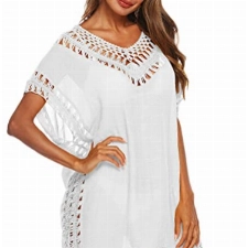 Minetom Damen Strandkleid Spitze Bikini Cover Up Sexy Strandponcho Oversize Sommerkleider Strandurlaub Badeanzug Pareos Crochet Tunika B Weiß Einheitsgröße