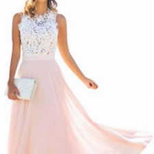 Minetom Elegant Spitze Rundhals Ärmellos Abendkleid Partei Festliche Maxikleid Brautjungfernkleid B Rosa 44