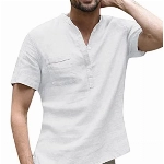 Minetom Herren Leinenshirt Kurzarm Stehkragen aus Baumwolle mit Brusttaschen Sommer Slim Fit Casual Leicht Shirts für Männer B Weiß XL