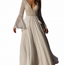 Minetom Langes Kleid Damen Langarm Spitzenkleid V-Ausschnitt Strandkleid Boho Chiffon Urlaub Party Maxikleid Cocktailkleid A Weiß M