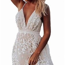 Minetom Sommerkleid Damen Sexy Rückenfreies Kleid V Ausschnitt Ärmellos Strandkleid Spitze Mini Kleider A-Linie Cocktailkleid Y1 Weiß 44