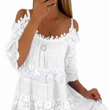 Minetom V Ausschnitt Kleid Damen Ärmellos Spitzenkleid Träger Rückenfreies Kleider Sommerkleider Langarm Spitzen Strandkleider O Weiß XL