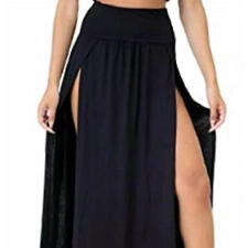 MISS BOHO CHIC Damen-Maxirock, doppelt geteilt, hohe Taille, Seitenschlitz, einfarbig, Stretch, langer Maxirock, Schwarz , Medium / Large