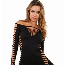 MISS NOIR B6043 Damen Kleid elastisch und flexibel tragbar Einheitsgröße mit Langärmliges Clubwear Partykleid, Schwarz (B6043-bk), One Size