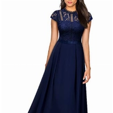 MIUSOL Damen Elegant Chiffon Spitzenkleid Maxi Party Cocktail Abendkleid Navy Blau Gr.XL