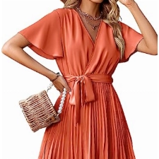 MODERUSH Damen Sommer chiffonkleid Casual Plissee Midi Kleid V-Ausschnitt Kurzarm Rüsche Sun Kleid für Hochzeitsgast