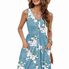 MOLERANI Damen Sommer Floral Sommerkleid V-Ausschnitt Knopfleiste Ärmelloses Kleid Midi-Länge(Floral Hellblau,S)