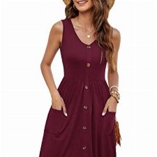 MOLERANI Lässige Kleider für Damen Plissee V-Ausschnitt ärmelloses Button-Down-Sommerkleid (Weinrot, L)