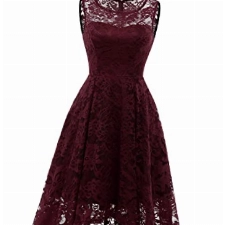 MuaDress 6006 Elegante Abendkleider Cocktailkleider Damenkleider Brautjungfernkleider aus Spitzen Knielange Rockabilly Ballkleid Rund Ausschnitt Burgundy M