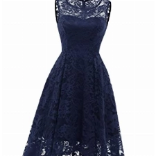 MuaDress 6006 Elegante Abendkleider Cocktailkleider Damenkleider Brautjungfernkleider aus Spitzen Knielange Rockabilly Ballkleid Rund Ausschnitt Marineblau XL