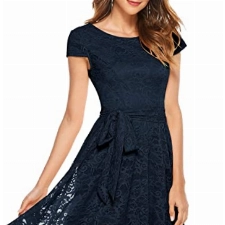 MuaDress 6008 Cocktailkleid Knielang Cape Ärmel Spitzen Brautjungfernkleid Floral Elegant Marineblau L