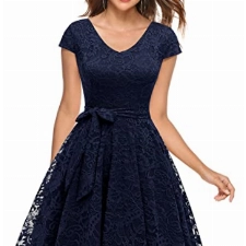 MuaDress Damen Cocktailkleid Abendkleid Knielang V-Ausschnitt Kurz Brautjungfer Party Floral Kleid Marineblau S