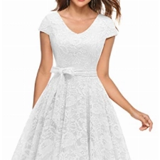 MuaDress Damen Cocktailkleid Abendkleid Knielang V-Ausschnitt Kurz Brautjungfer Party Floral Kleid Weiß M