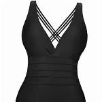 NC Einteiler Badeanzug Damen Bauchweg Einteilige Bademode Schwimmanzug Monokini Schlankheits Figurformend Strandmode mit V-Ausschnitt Schwarz XL