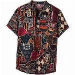 NEWISTAR Leinenhemd Herren Kurzarm Sommerhemd Henley Hemd Kuba für Männer Stehkragen Casual Slim Fit Freizeithemd Baumwolle Muster Hemden Retro Hawaiihemd Braun,3XL